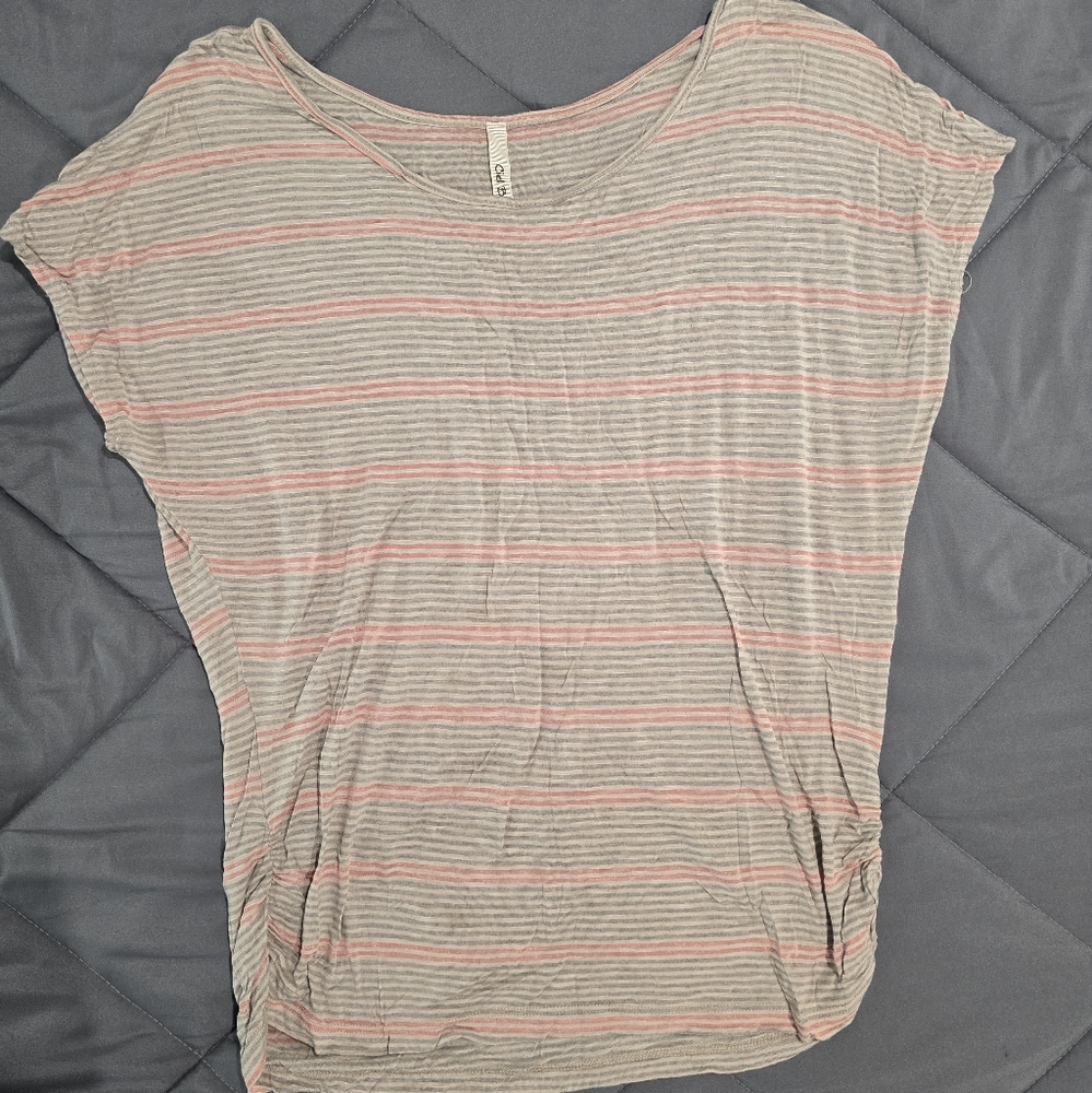 Chic Striped Top in Gray and Pink With Ruched Sides